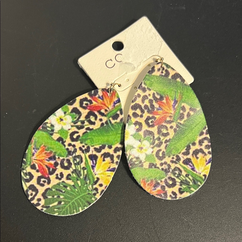 New Tropical Floral & Leopard Print Teardrop Earrings